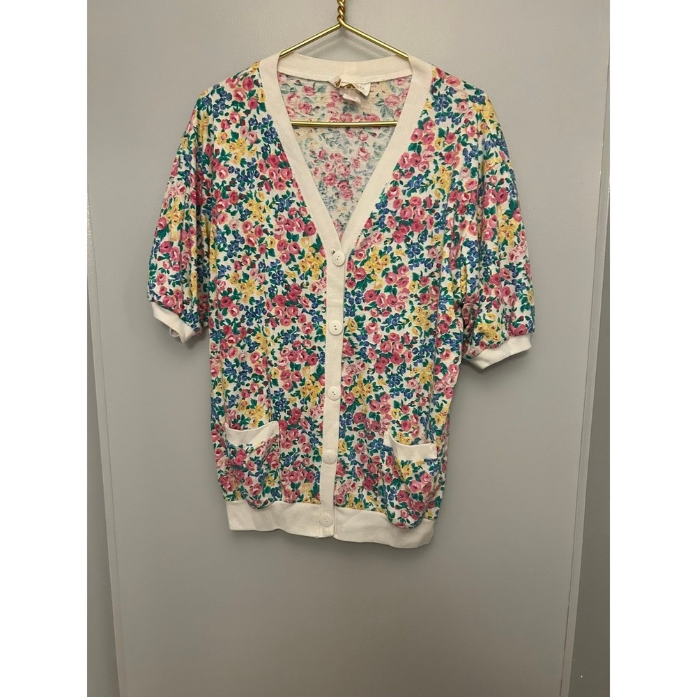 DK Gold by Dawnjoy Floral Print Short Sleeve Button Front Cardigan Women